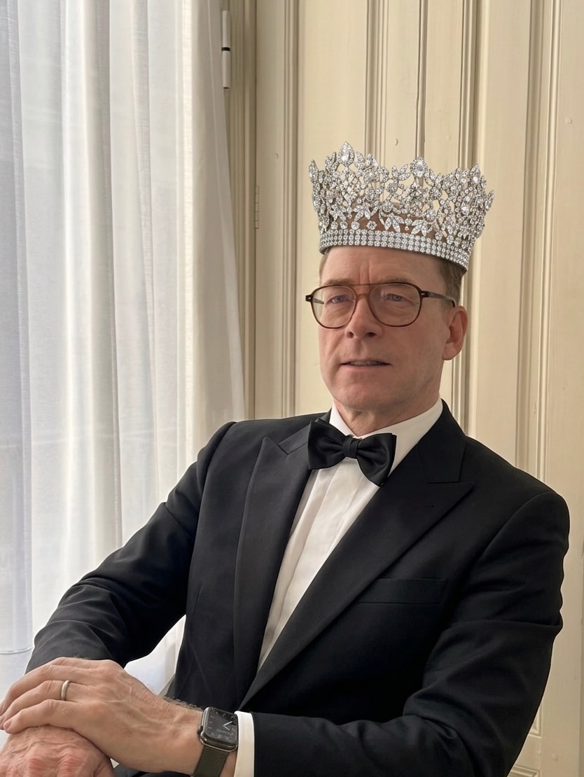 Formal portrait of King Okeanos LXXVII Donald Nienas in crown and tuxedo