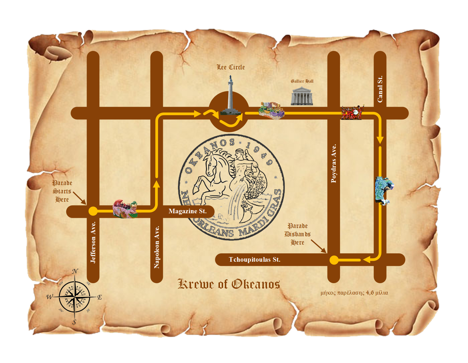 Vintage treasure map of the Krewe of Okeanos parade route in New Orleans showing Magazine St, St. Charles Ave, Lee Circle, Gallier Hall, Canal St, Poydras Ave, Tchoupitoulas St, Jefferson Ave, Napoleon Ave